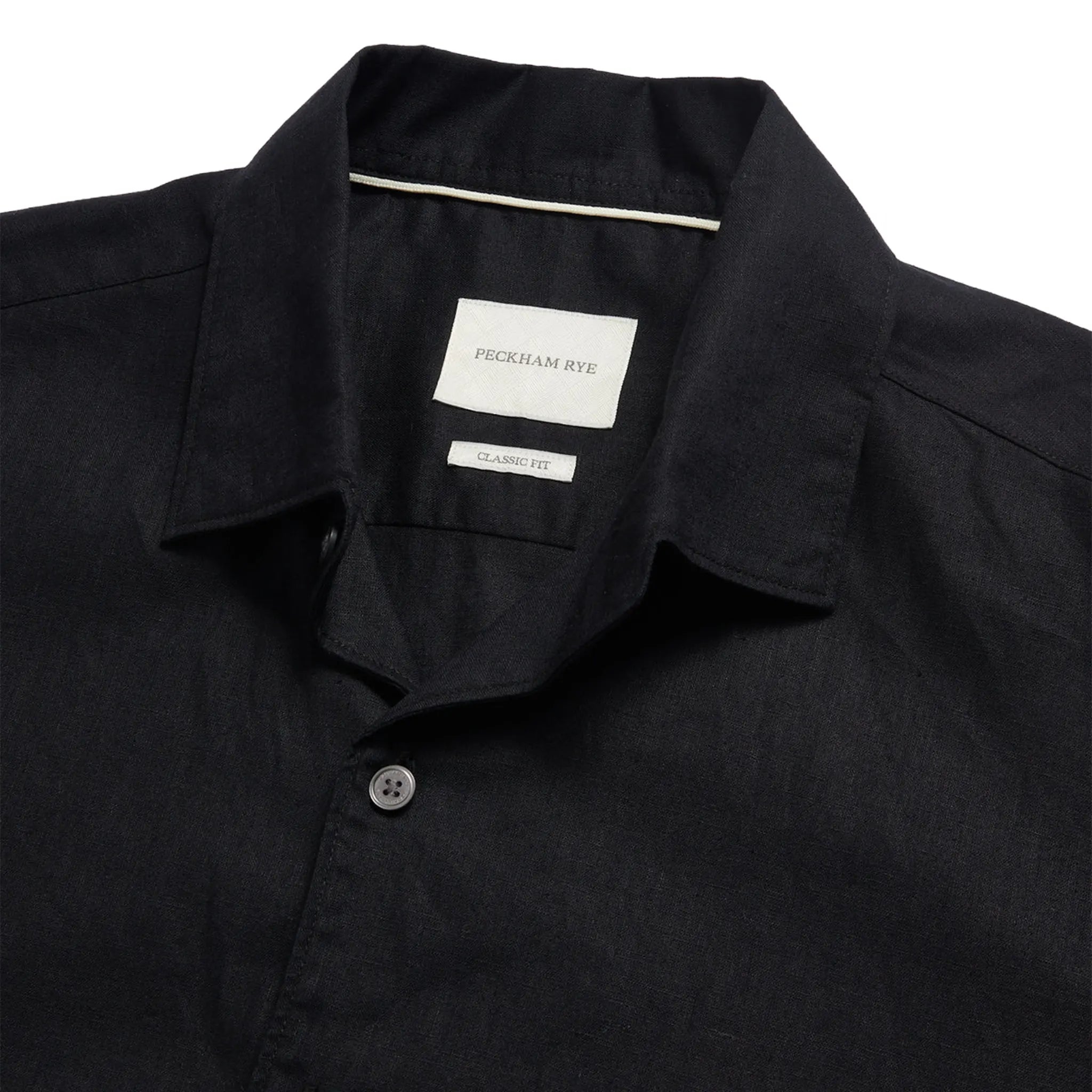 Neck View of Peckham Rye Grove Linen Blend Black Shirt